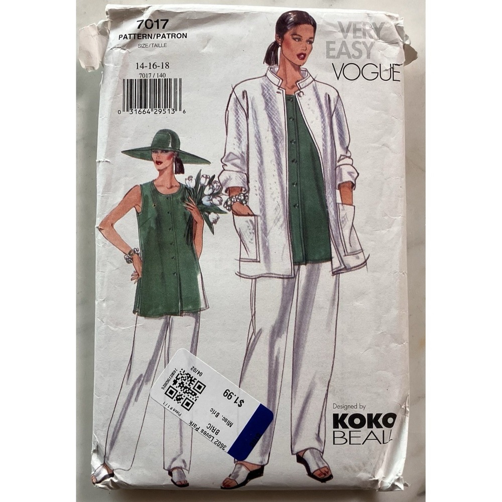 Vintage Vogue Pattern Very Easy 7017 Jacket Tunic Pants Size 14 16 18 Koko Beall